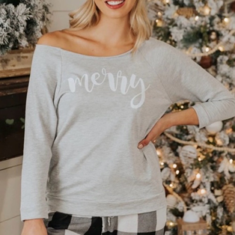 Next Level Grey Merry Off Shoulder Pullover Lightweight Sweatshirt Women’s L NWT